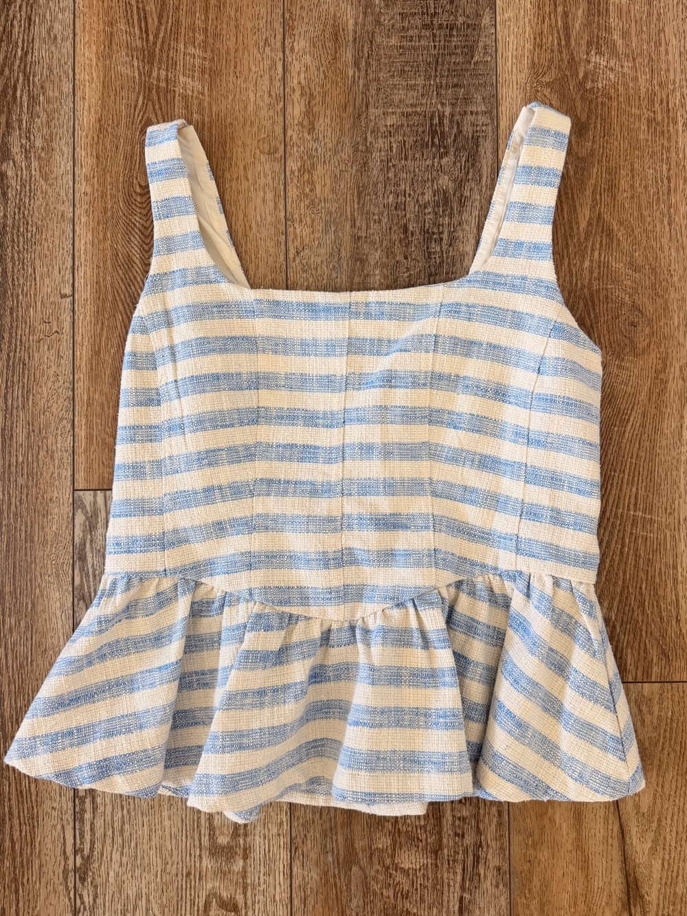 Avec Les Filles Women’s Blue and White Striped Peplum Tank Top